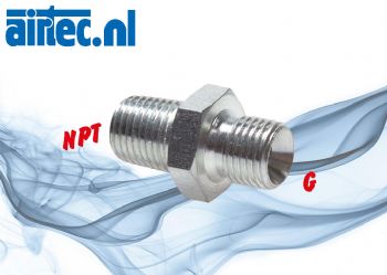 Dubbel nippel met G- (60° universele afdichtingskegel,buiten) en NPT-schroefdraad, tot 800 bar