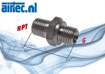 Dubbel nippel met G- en NPT-schroefdraad, PN 40