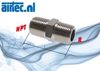 Dubbel nippel met R- en NPT-schroefdraad, PN 60