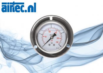 Glycerine-inbouwmanometer met grote frontring Ø 63, 100 mm, roestvrij staal-messing, Eco-Line