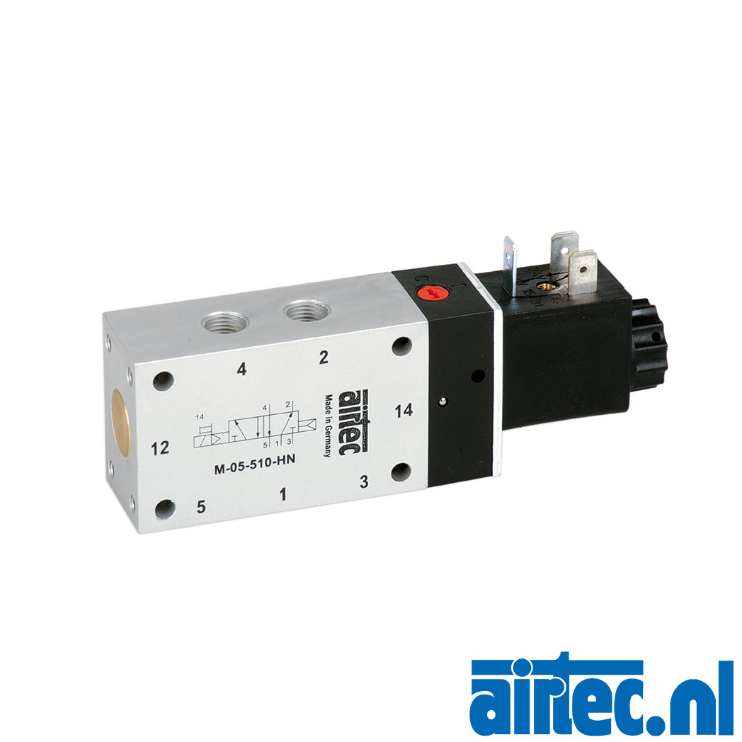 M-05-511-HN-142 24V= - 5/2 weg monostabiel, 1/8G, 24V= 4.2wNW6, 750Nl/min arbeidsdruk 2.5-10barNoodhandbediening bij poort -10grC t/m